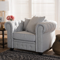 Baxton Studio RX1616-Gray-CC Alaise Modern Classic Grey Linen Tufted Scroll Arm Chesterfield Chair